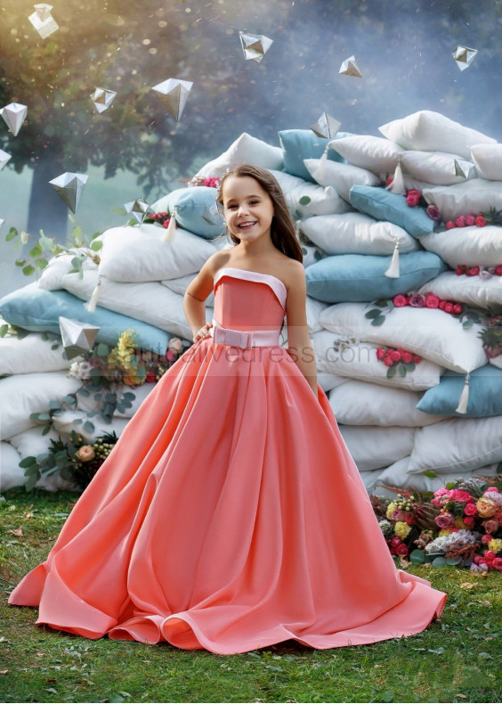 Strapless Coral Pink Satin Flower Girl Dress Birthday Girl Dress